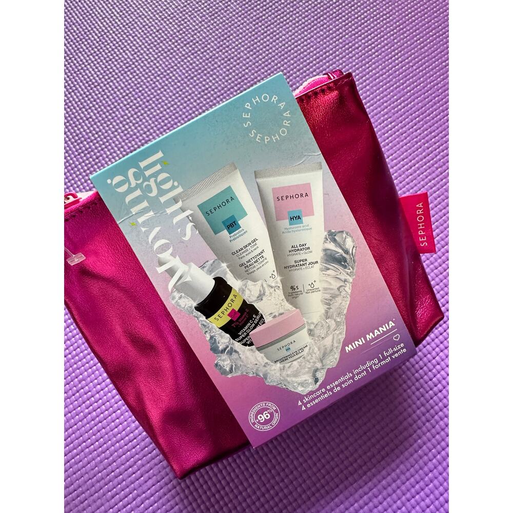 New Sephora Mini Mania Skincare Essentials Set glow serum, eye cream, cleanser